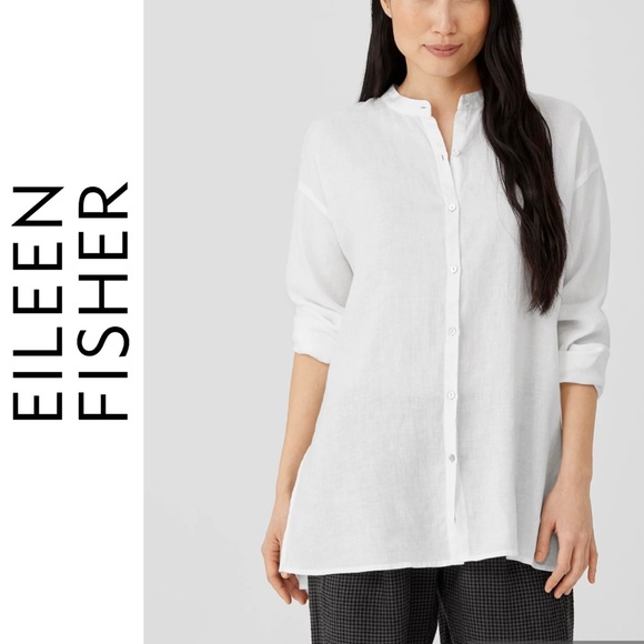 Eileen Fisher Tops - Eileen Fisher 100% Linen Long Longline Crew Neck Button Up Crisp White Blouse